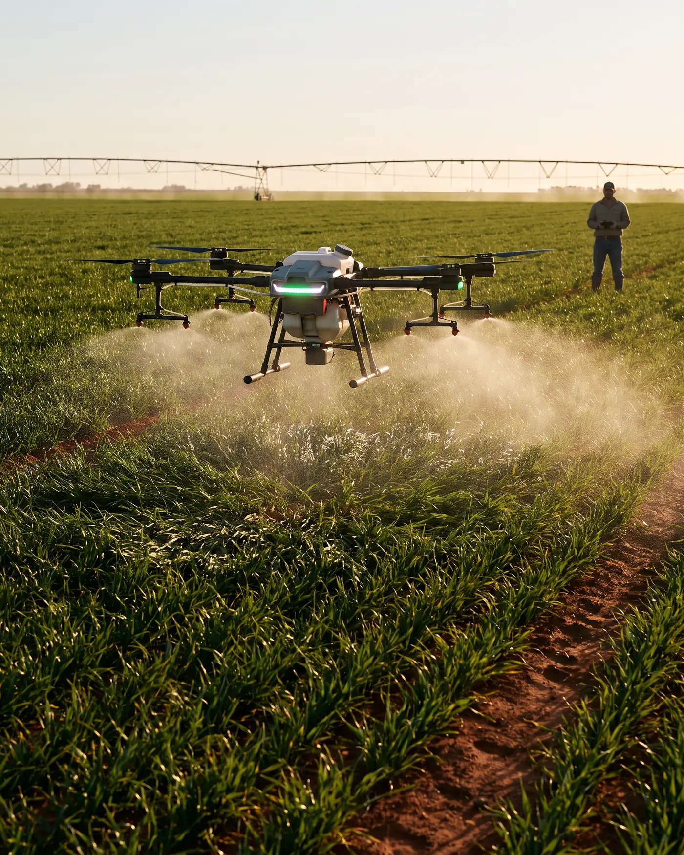 Drone agrícola pulverizando as linhas de plantio ao entardecer