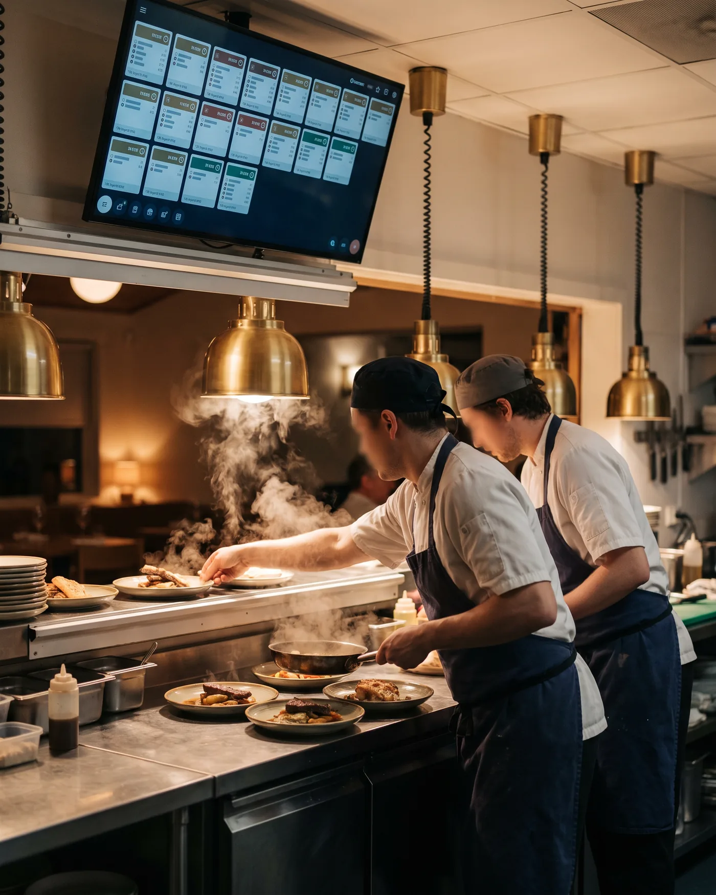 Tela de pedidos acima da praça da cozinha, com os cozinheiros montando os pratos embaixo
