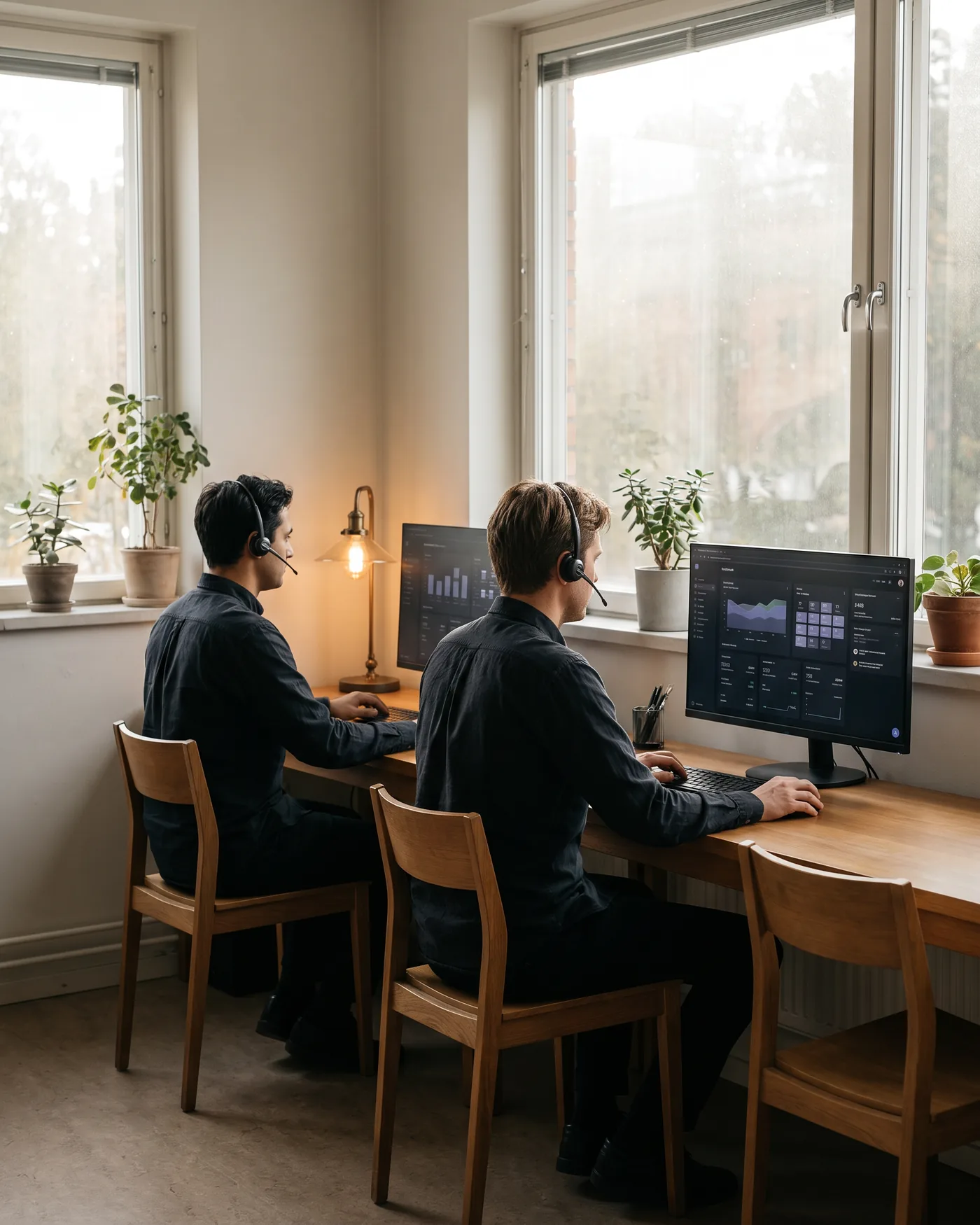 Dois atendentes com headset dando conta da fila de conversas e da agenda em dois monitores